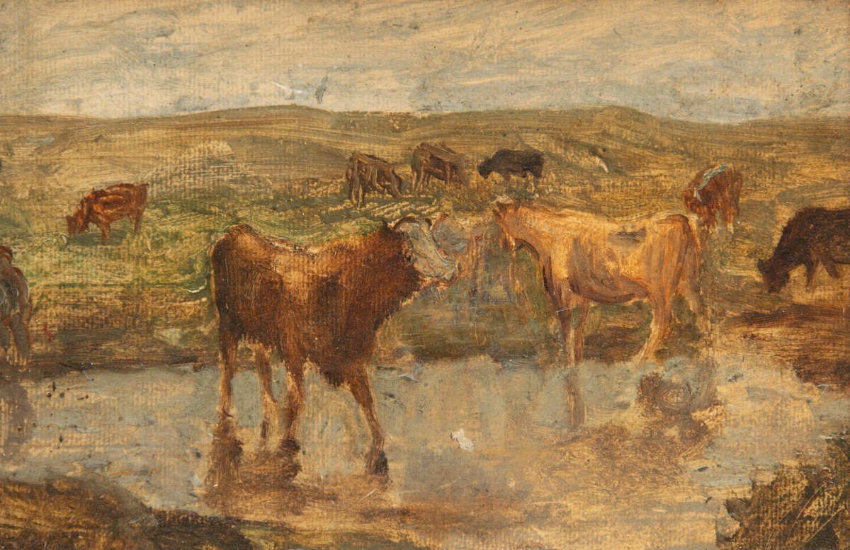  Louis Hilaire CARRAND (Lyon, 1821 –  Id., 1899), Vaches Au Plan d'Eau