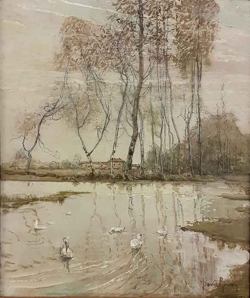 David Girin, The Swan Pond, Oil On Cardboard, 39 X 32 Cm