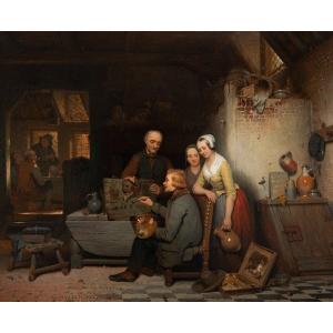 Célestin MARSCHOUW (Malines 1848 - XXème Siècle) - Le peintre au travail dans une auberge