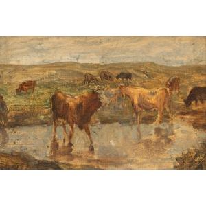  Louis Hilaire CARRAND (Lyon, 1821 –  Id., 1899), Vaches Au Plan d'Eau