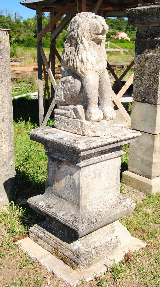 Belle Paire De Lions Assis Anciens en Pierre-photo-4