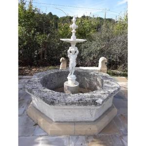 Old Octagonal Central Fountain With Art Cast Iron Statue From Val d'Osne