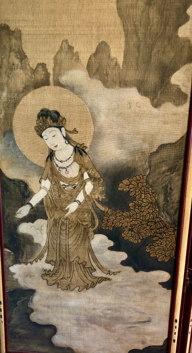 Japanese 4-panel Screen On Silk Of Buddha And Boddhisattvas By Akihura-photo-2