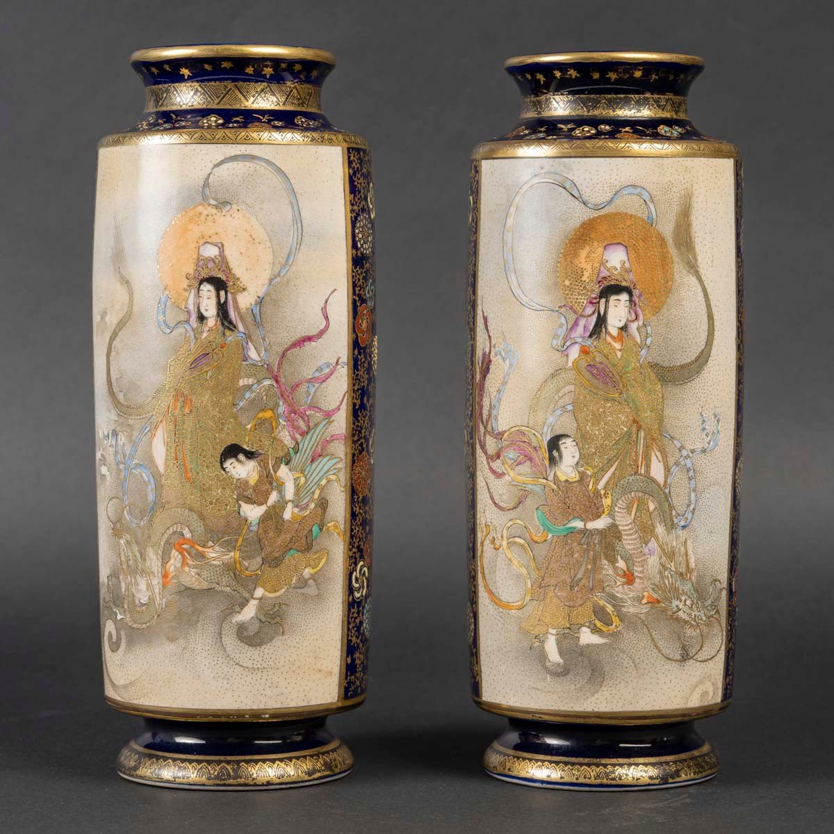 Elegant Pair Of Japanese Satsuma Earthenware Vases