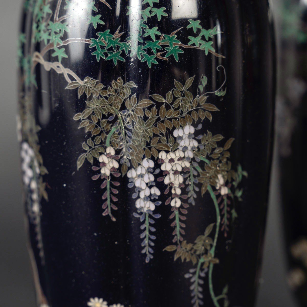 Paire De Petits Vases Japonais Godronnés En Emaux Cloisonnés-photo-4