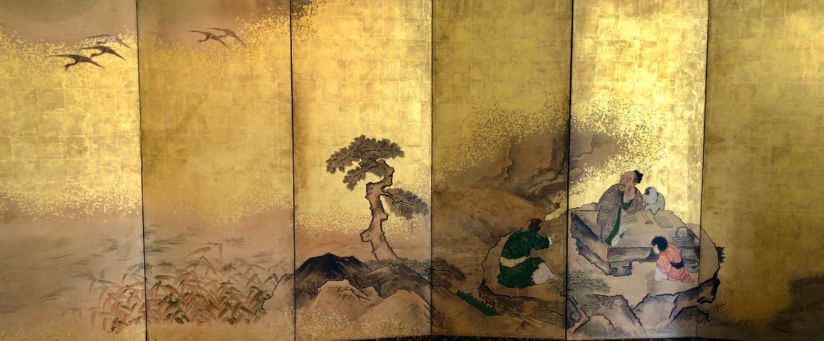 Japan. A 6-panel Screen Of A Scholar 18/19th Century