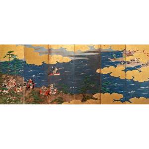 Paravent Japonais A 6 Panneaux - Guerre De Genpei 18ème Siècle