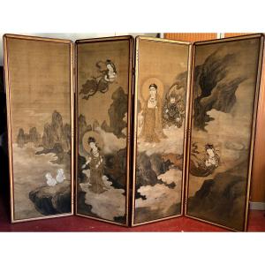 Japanese 4-panel Screen On Silk Of Buddha And Boddhisattvas By Akihura