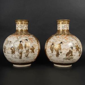 Pair Of Large Japanese Satsuma Vases