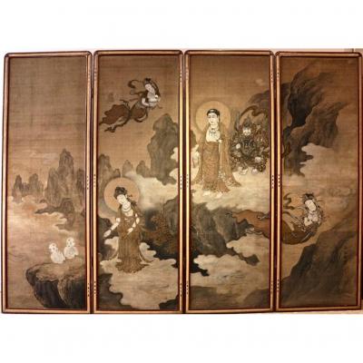 Japanese Buddhist Screen With 4 Panels On Silk