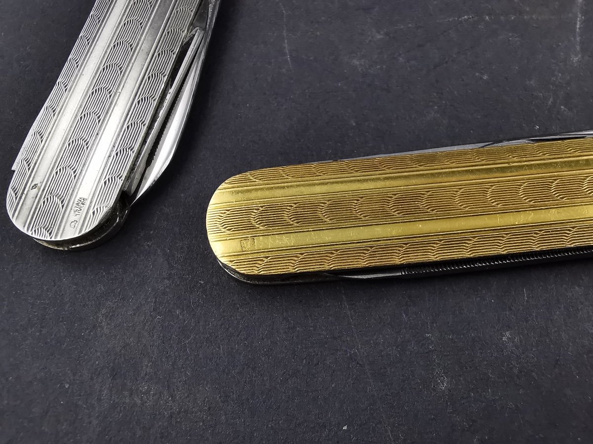 Pair Of Art Deco Silver And Gold Plated Pocket Knife-photo-4