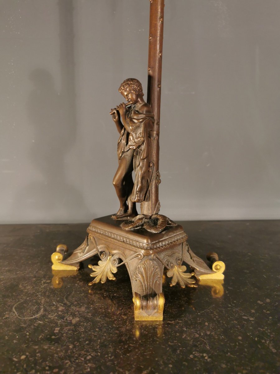Candélabre En Bronze  73 cm Jeune Faune Et Cigogne-photo-3