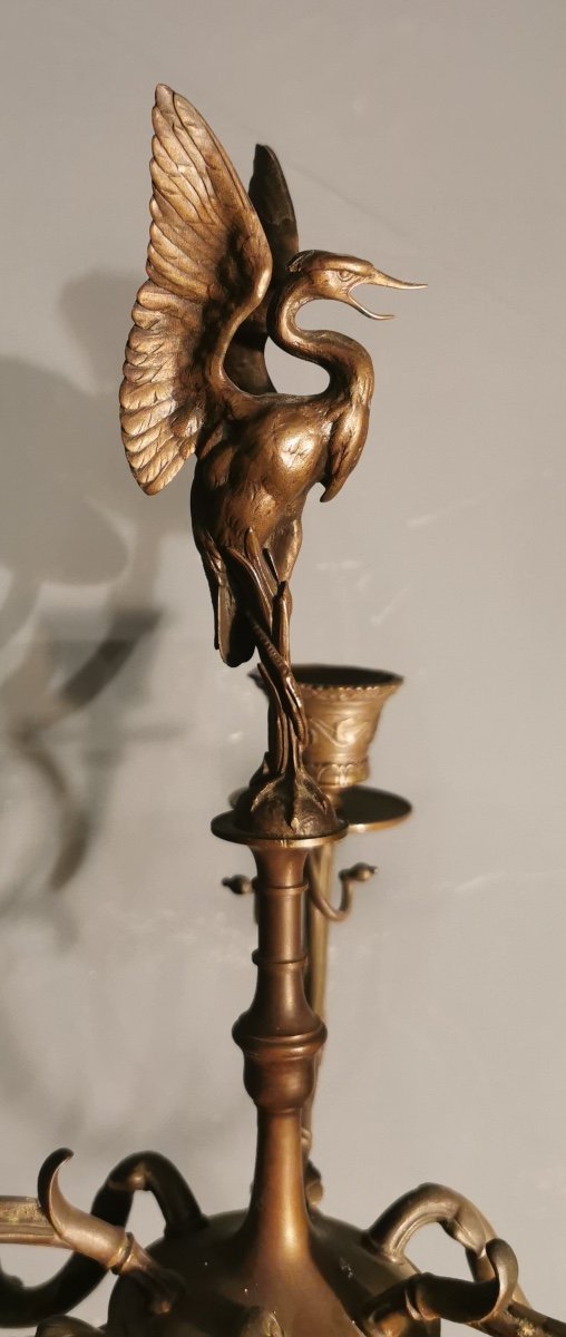 Candélabre En Bronze  73 cm Jeune Faune Et Cigogne-photo-4