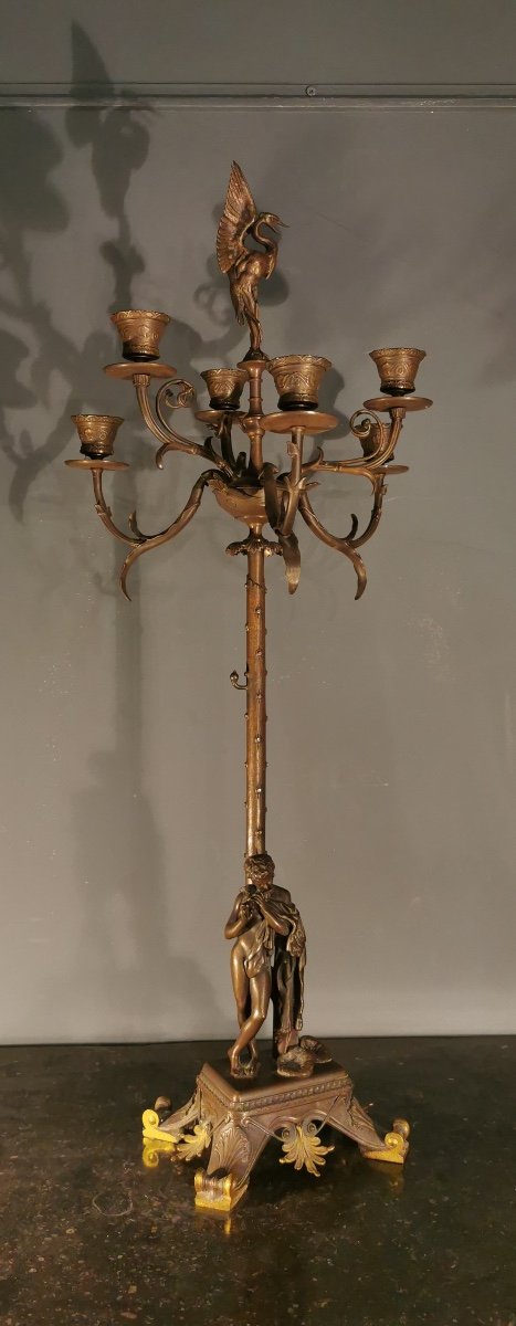 Candélabre En Bronze  73 cm Jeune Faune Et Cigogne