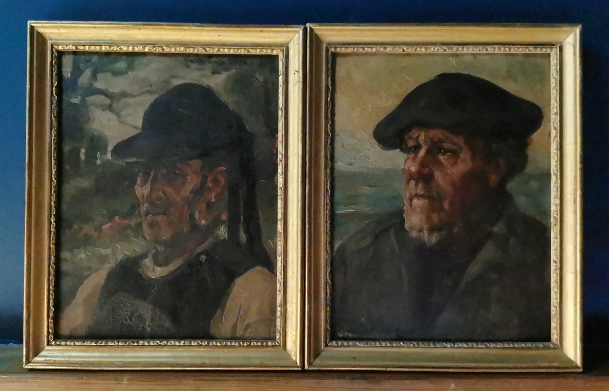 Pair Of Breton Portraits By Leonie Humbert-vignot