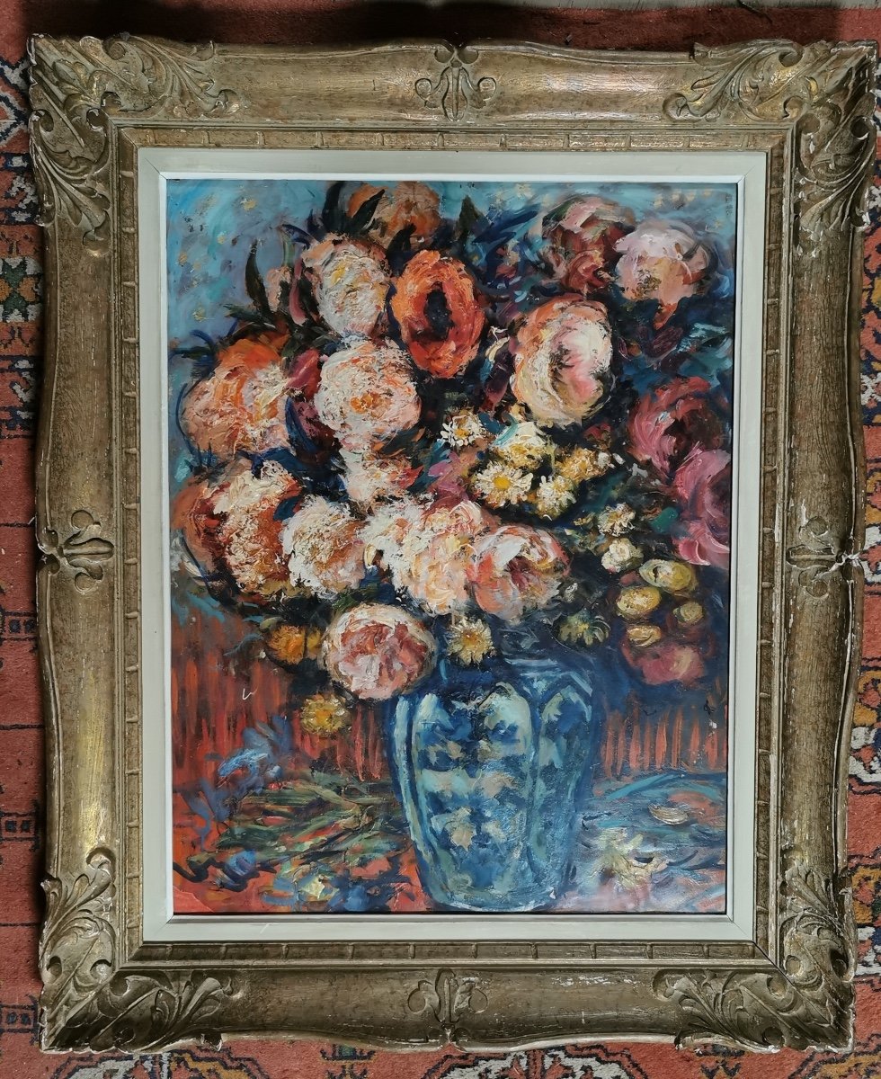 Oil On Paper, Bouquet Of Flowers By Paul Paquereau