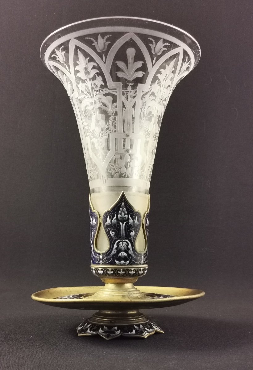 Cornet Vase Enameled Bronze And Crystal-photo-3