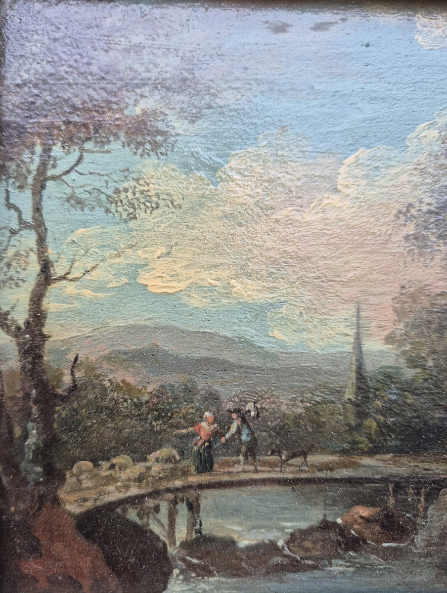 Pastoral Scene Late 18th Century Oil On Wood-photo-3