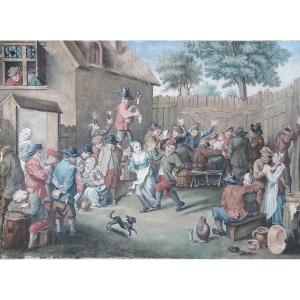 Aquarelle Scène De Fête De Village Dans Le Gout De Teniers