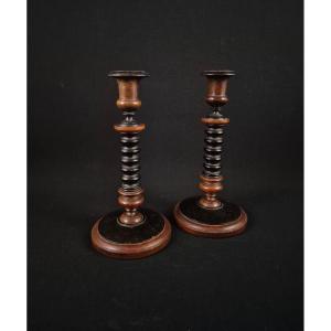 Pair Of 19th Century Turned Wooden Candlesticks