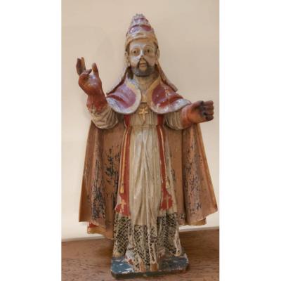 Statue De Pape En Bois Polychrome 