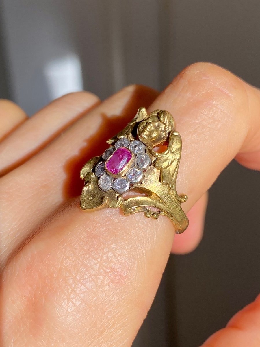 Très Rare Bague Néo-renaissance En Or 18k Et Saphir Rose -photo-8