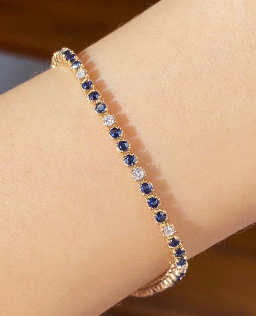 Tennis Bracelet In 14k Yellow Gold Sapphires And Diamonds