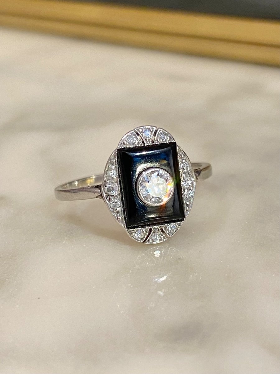 Proantic: Ring In Rose Gold, Onyx And Small Diamond, Art Deco,1930/40