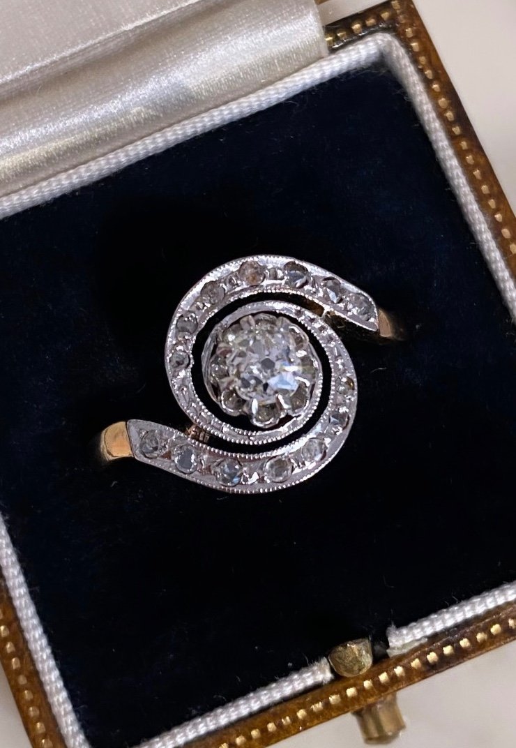 Antique Tourbillon Ring In 18k Yellow Gold And Platinum, Diamonds 