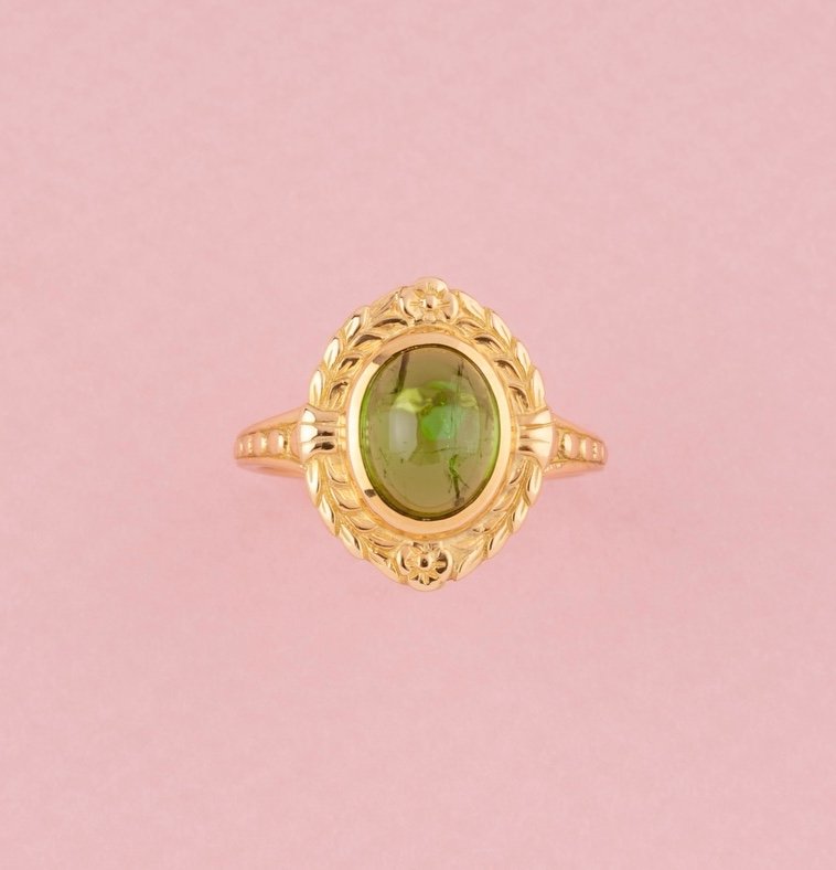 Bague Art Nouveau En Or Jaune 18k et tourmaline verte -photo-2