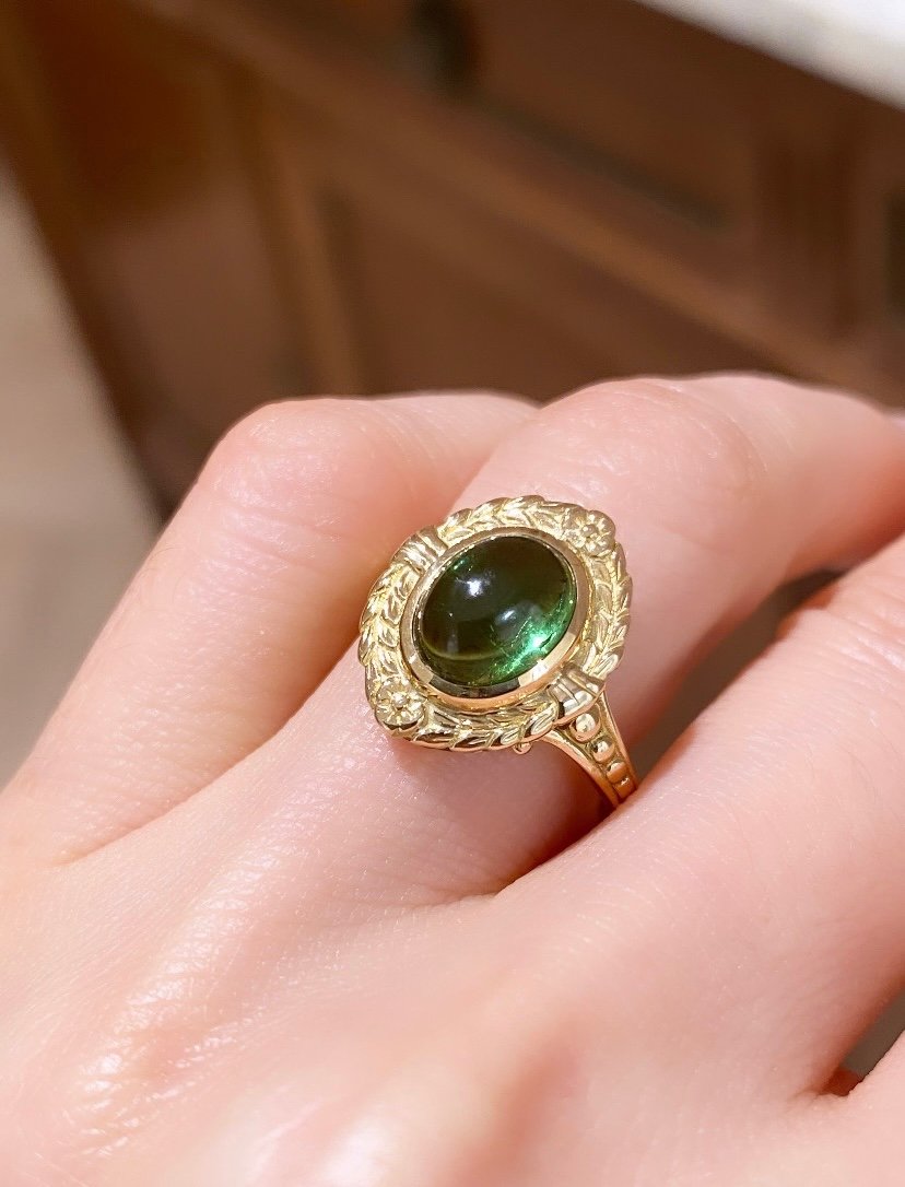 Bague Art Nouveau En Or Jaune 18k et tourmaline verte -photo-3