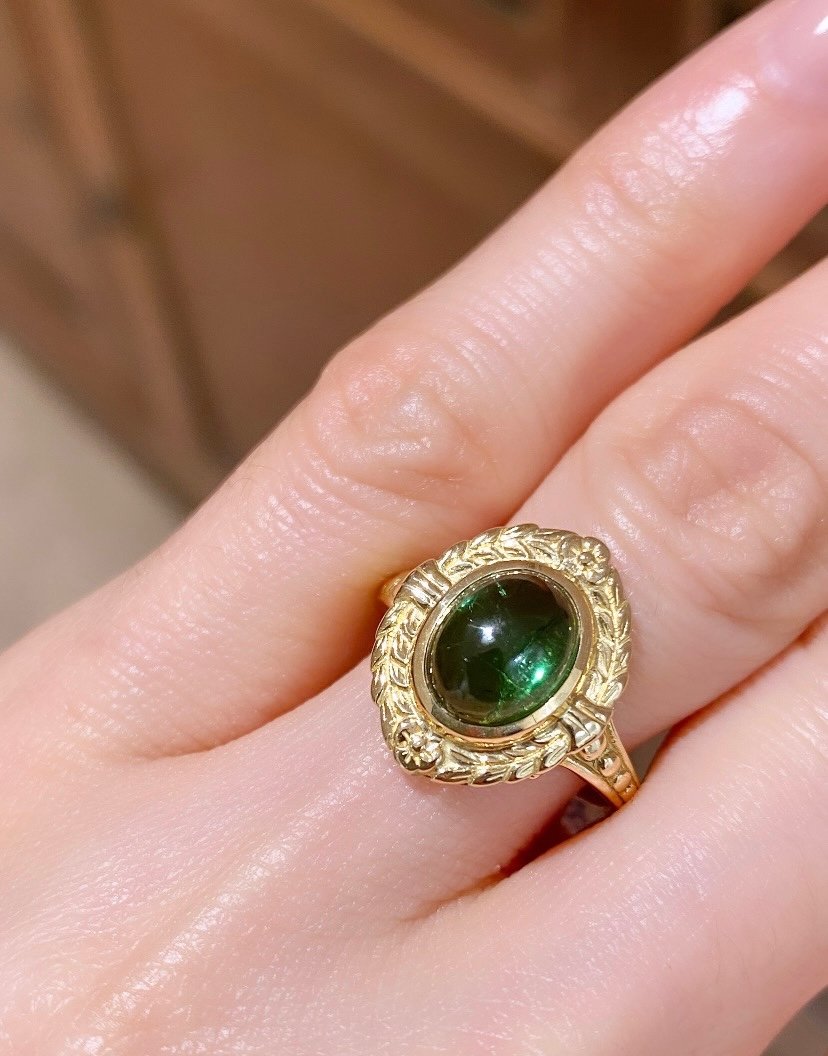 Bague Art Nouveau En Or Jaune 18k et tourmaline verte -photo-5