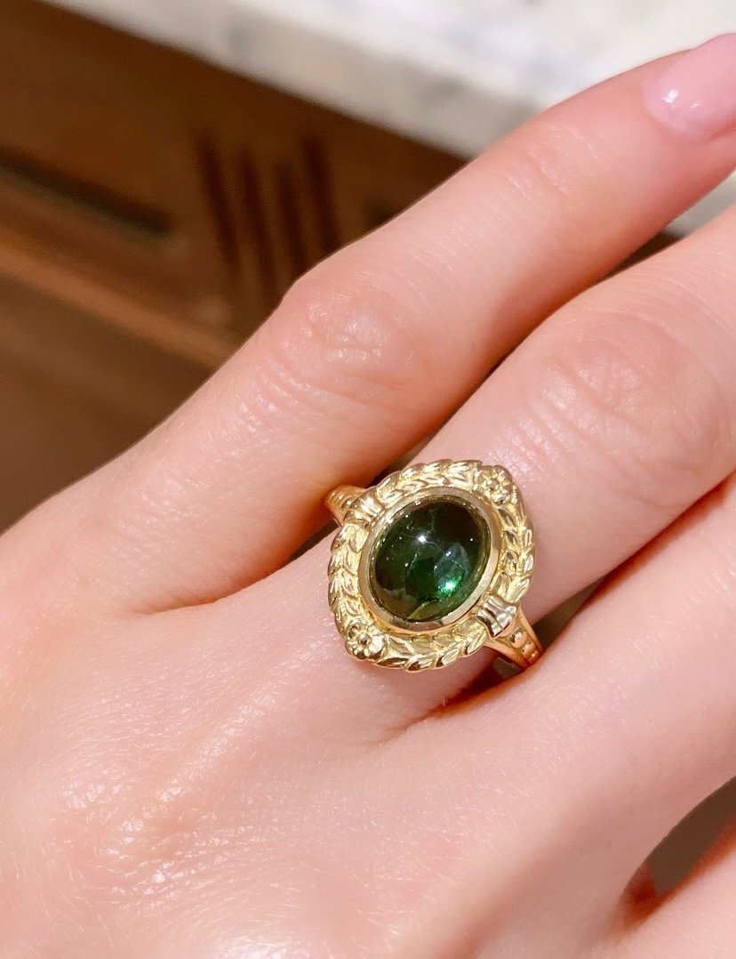 Bague Art Nouveau En Or Jaune 18k et tourmaline verte -photo-6