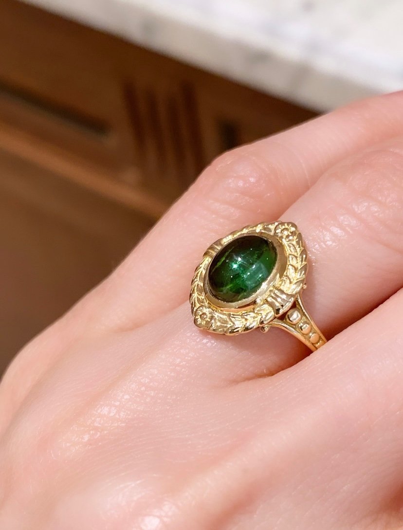 Bague Art Nouveau En Or Jaune 18k et tourmaline verte -photo-7