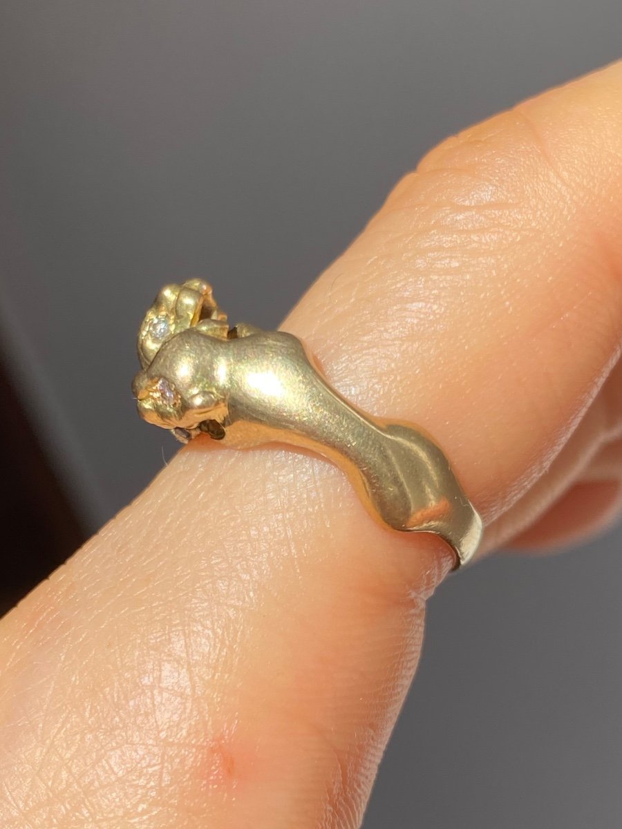 18k Yellow Gold Ring Representing The Union Of Two Panthers.-photo-8