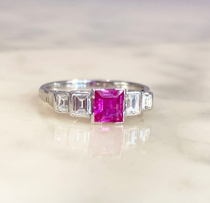 Vintage Platinum Ring Set With A Pink Sapphire And Diamonds 