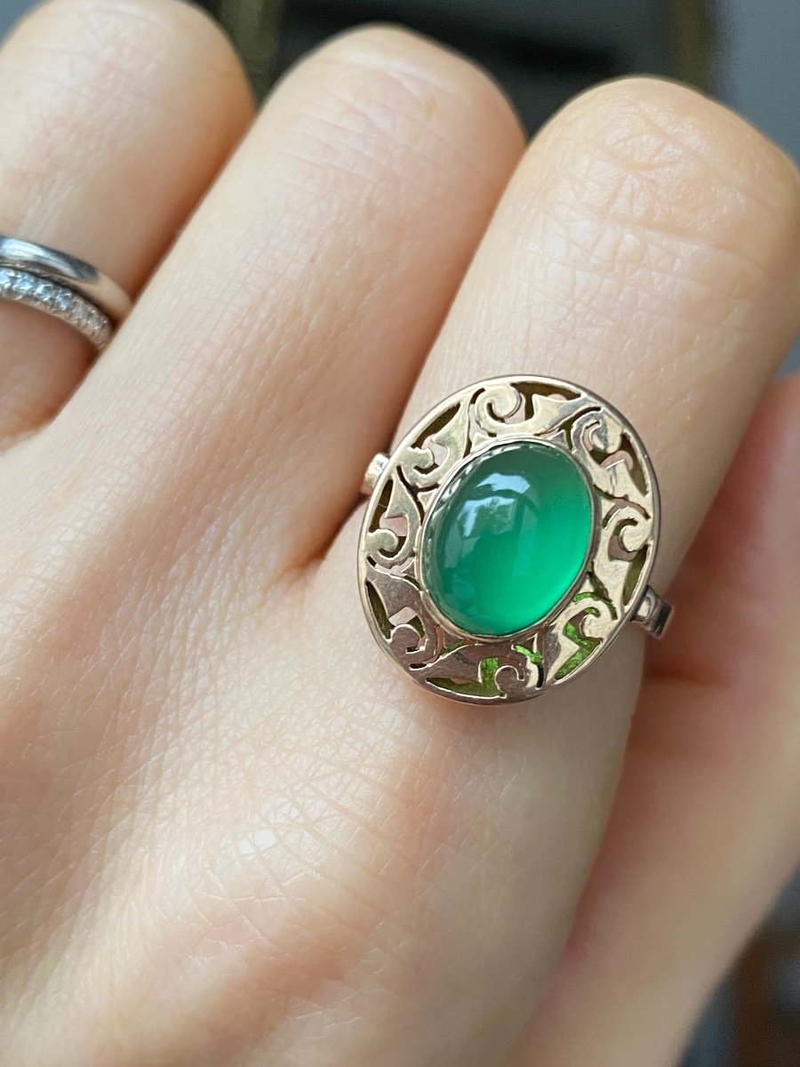 Bague En Or Rose 14k Sertie D’une Chrysoprase-photo-3