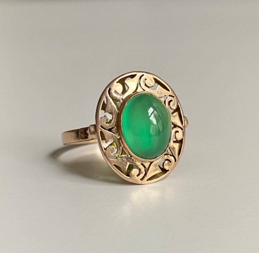 Bague En Or Rose 14k Sertie D’une Chrysoprase