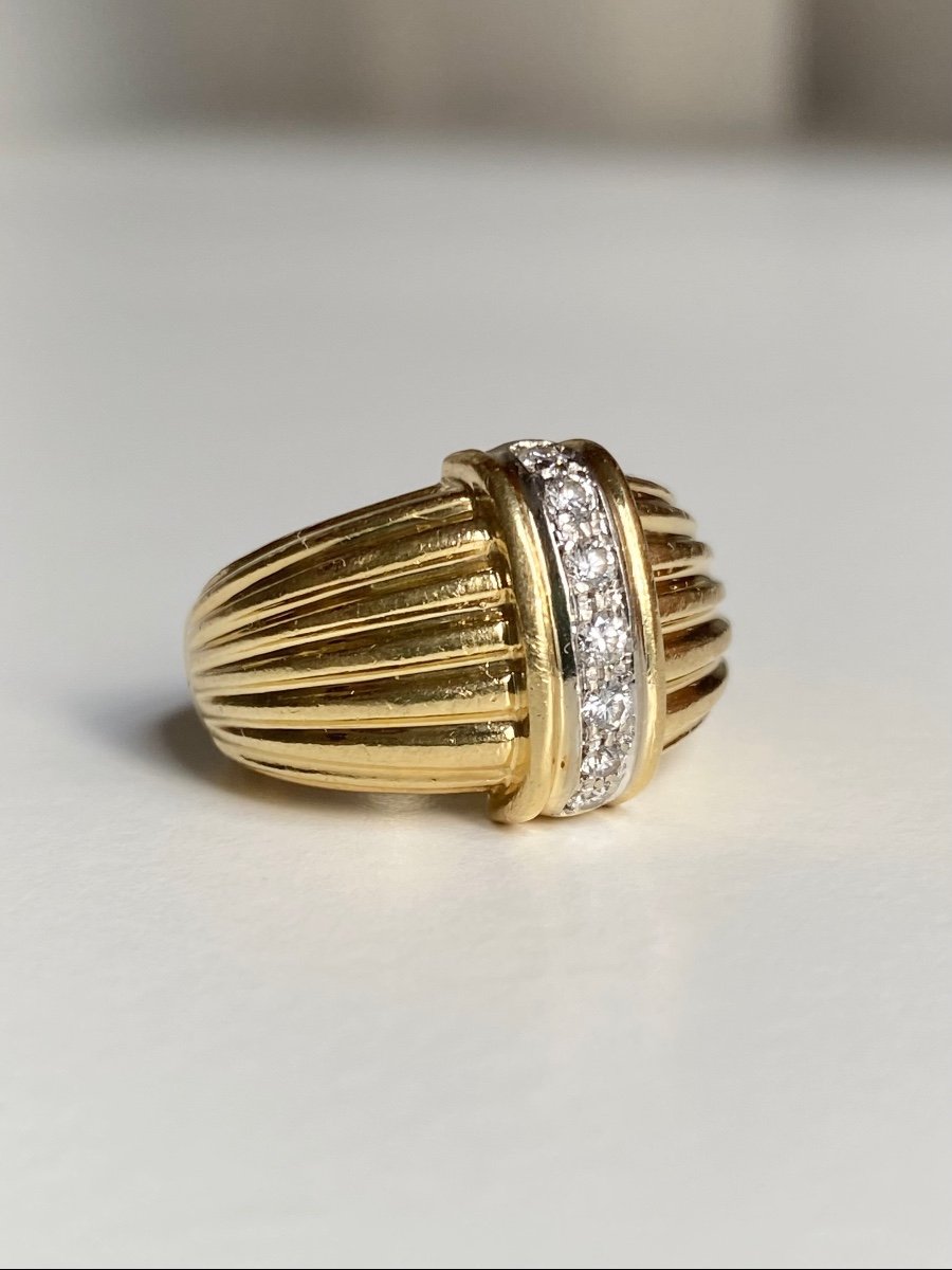 Bague Godronné En Or 18k Et Diamants -photo-2