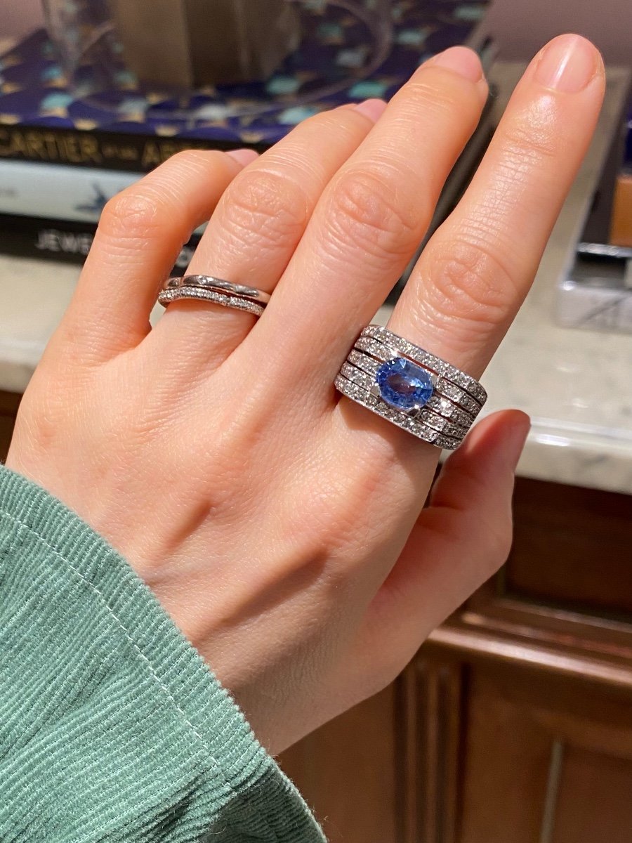 18k White Gold Tank Ring With Sapphire And Diamonds -photo-3