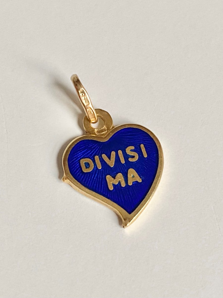 Pendentif Coeur En Or Jaune 18k Et émail Guilloché Bleu-photo-2