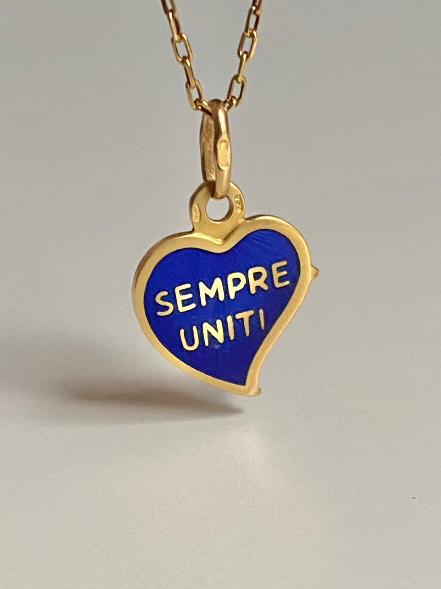 Pendentif Coeur En Or Jaune 18k Et émail Guilloché Bleu-photo-4