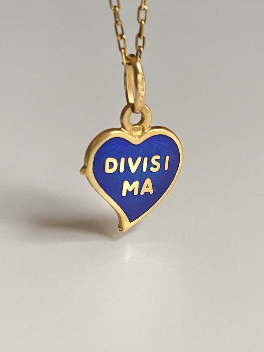 Pendentif Coeur En Or Jaune 18k Et émail Guilloché Bleu-photo-1