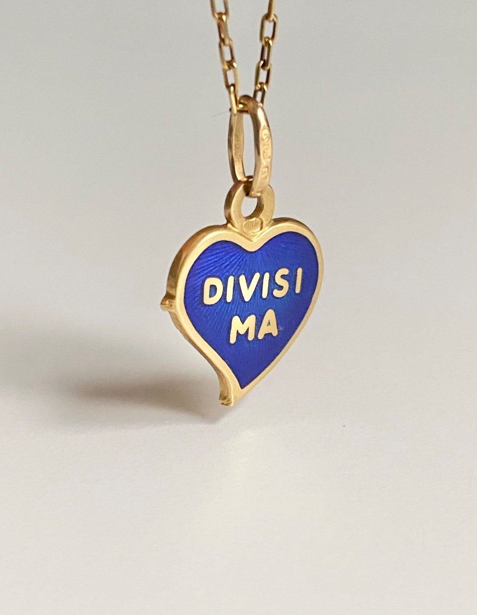 Pendentif Coeur En Or Jaune 18k Et émail Guilloché Bleu-photo-2