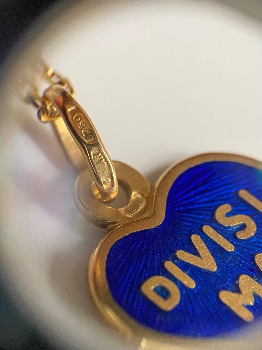 Pendentif Coeur En Or Jaune 18k Et émail Guilloché Bleu-photo-3