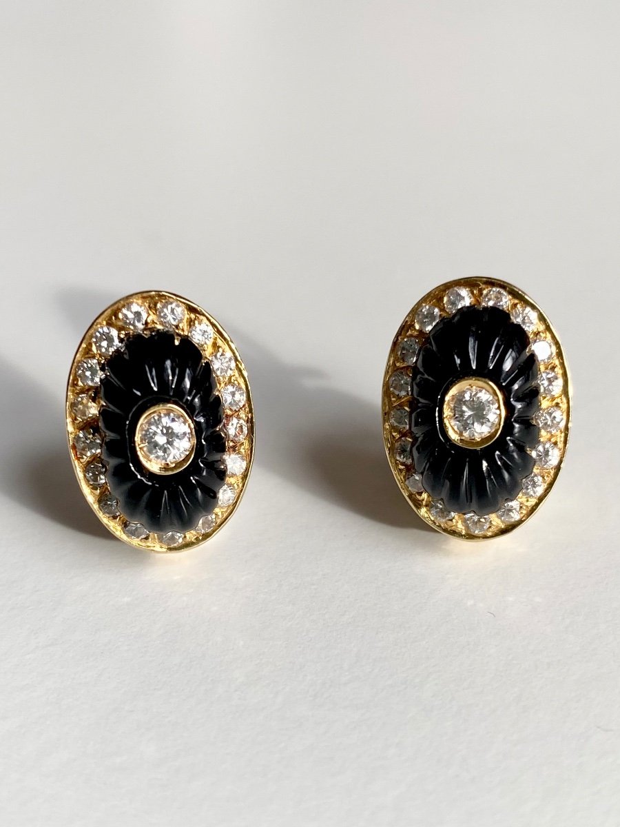 Boucles D’oreilles En Or Jaune 18k Onyx Et Diamants -photo-2