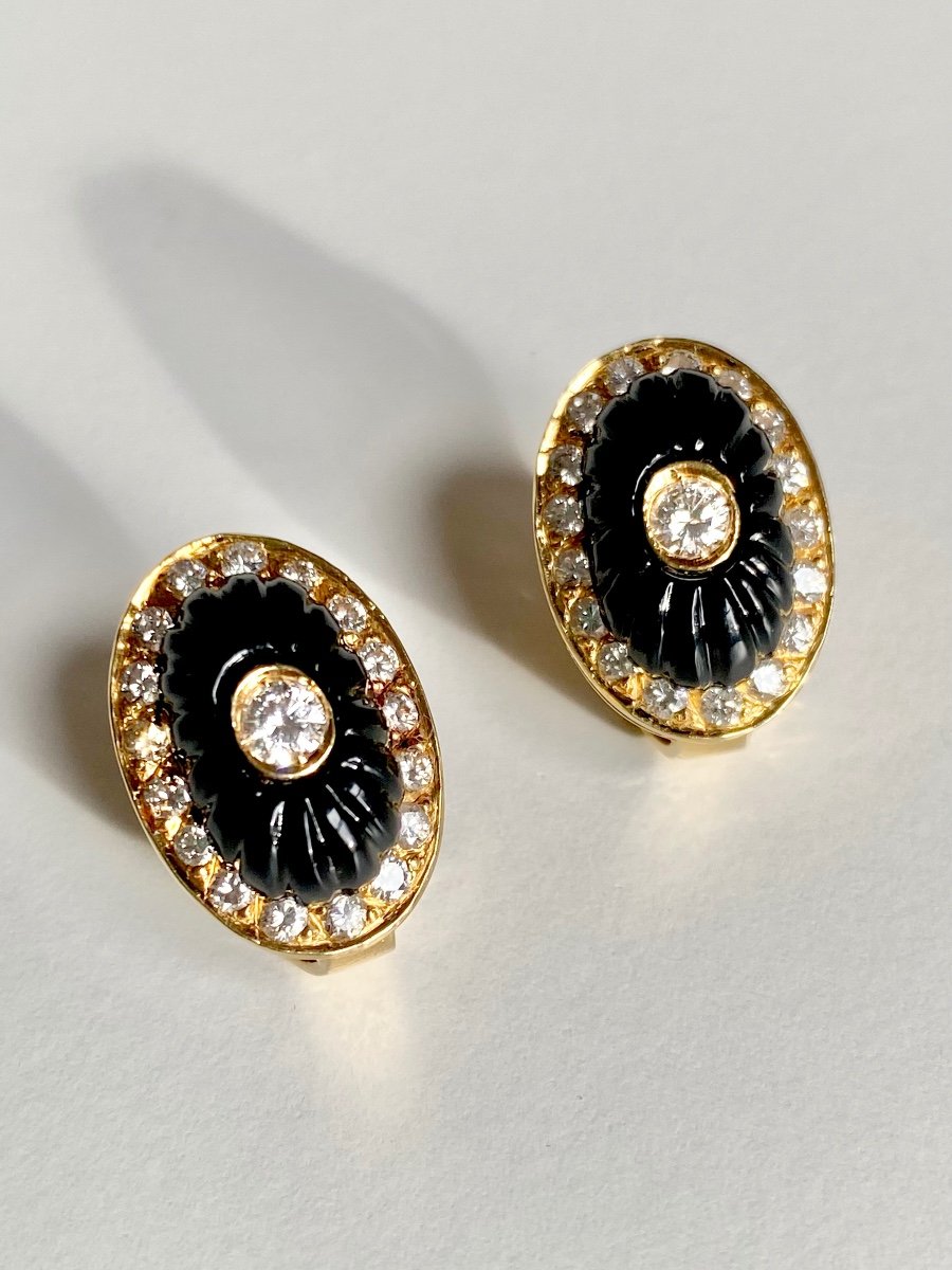 Boucles D’oreilles En Or Jaune 18k Onyx Et Diamants -photo-3