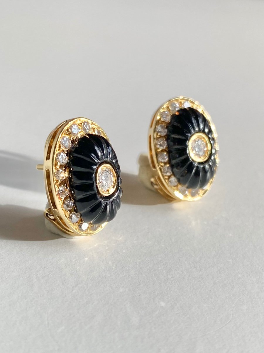 Boucles D’oreilles En Or Jaune 18k Onyx Et Diamants -photo-4