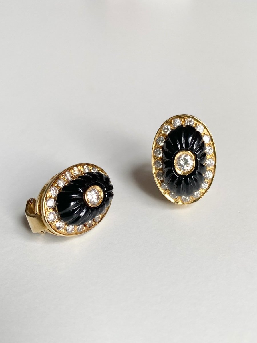 Boucles D’oreilles En Or Jaune 18k Onyx Et Diamants -photo-2