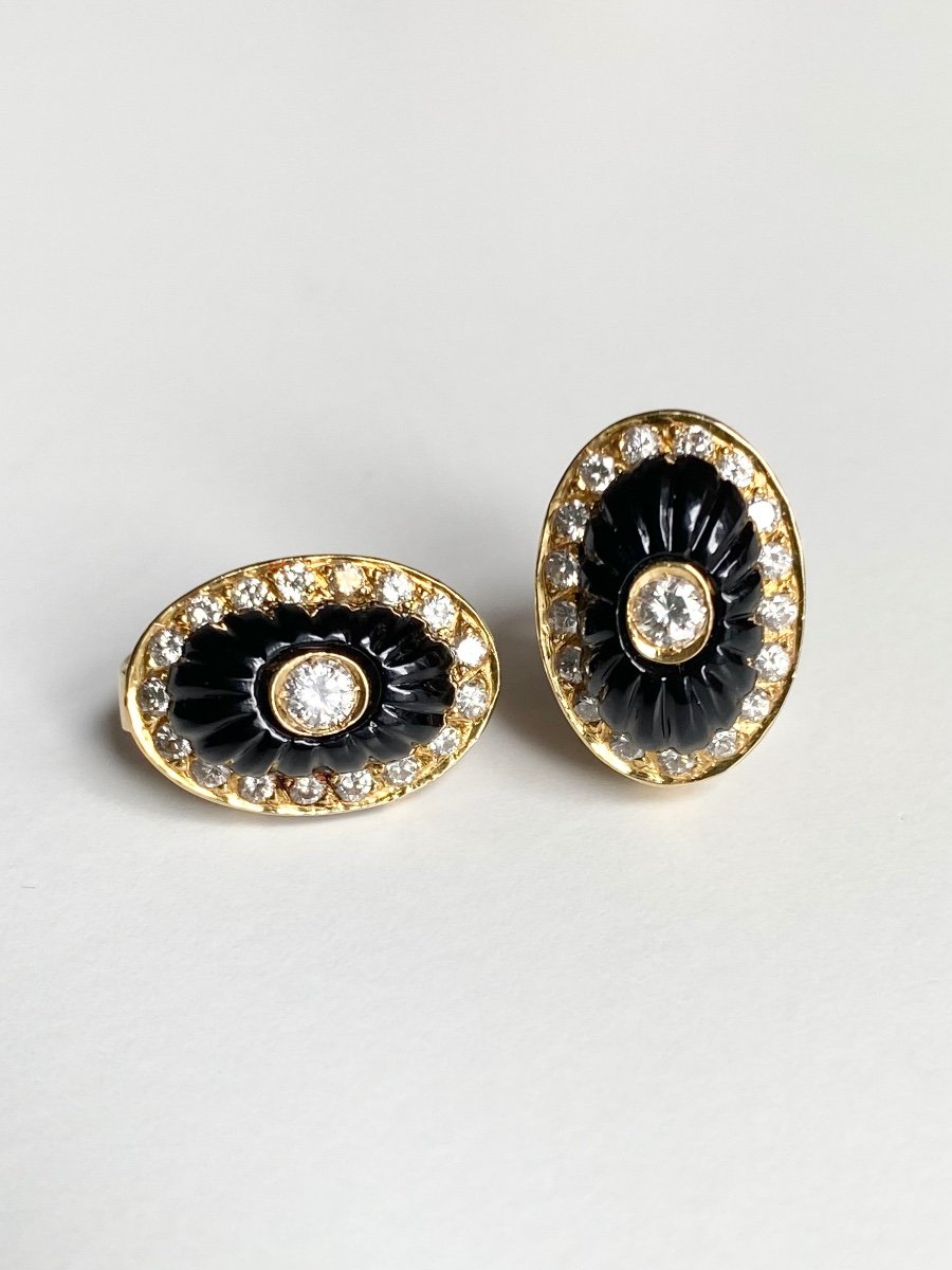 Boucles D’oreilles En Or Jaune 18k Onyx Et Diamants -photo-3